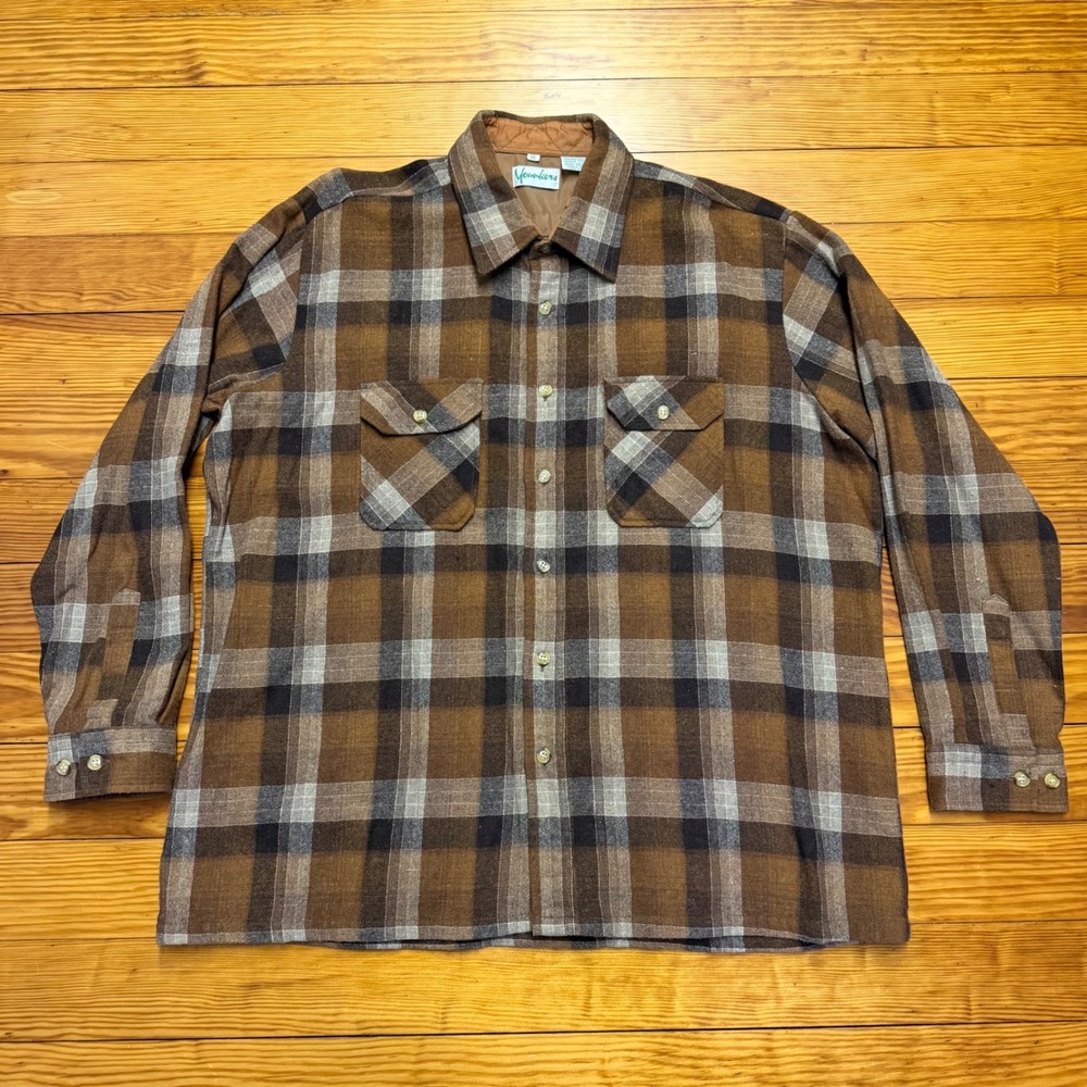 Vintage Younkers Wool Plaid Flannel Shirt Brown Mens XL Korea Shacket